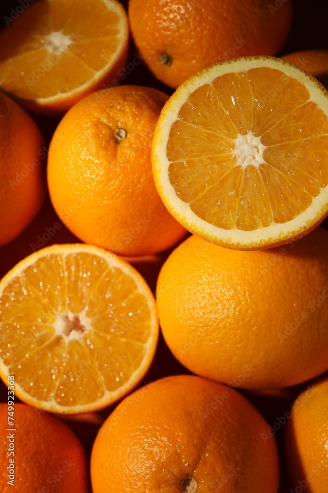 Tasty ripe fresh oranges as background, top view Tasty ripe fresh oranges as background, top view