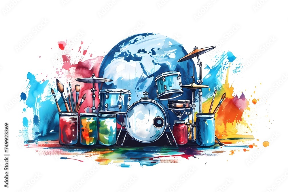 musical instruments, drum set, brushes, paint bottles around a globe, world art day