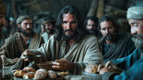 Jesus shares a tender moment with his disciples, his expression filled with love and compassion as he breaks bread and passes the cup, symbolizing the sacrifice he is soon to make