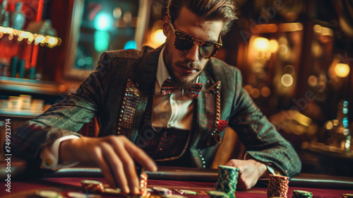 Young stylish man plays roulette. Luxury casino concept. Betting concept. Generative AI