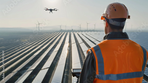 Hovering above rows of solar panels, an energy technician controls a drone, conducting routine inspections to identify equipment malfunctions, optimize energy production, and ensur photo