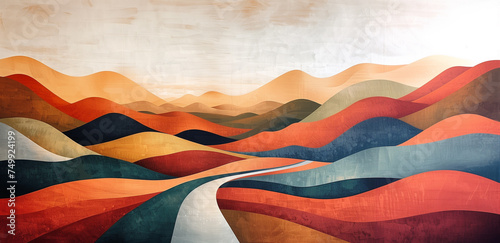 Minimalist painting of mountain landscape using geometric lines.