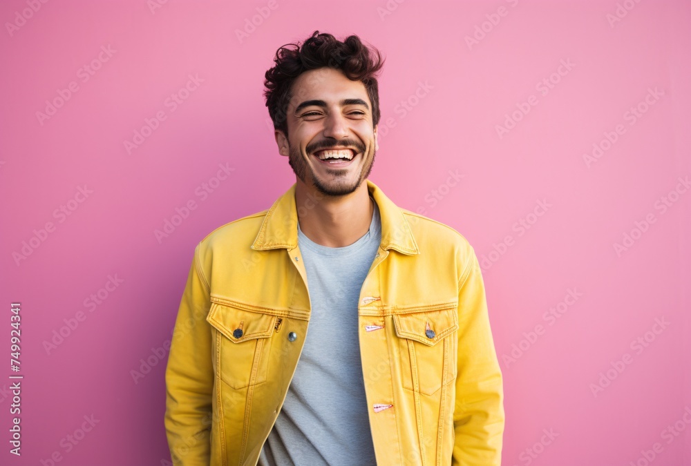 a young smiling man standing against pink walls wearing a denim jacket