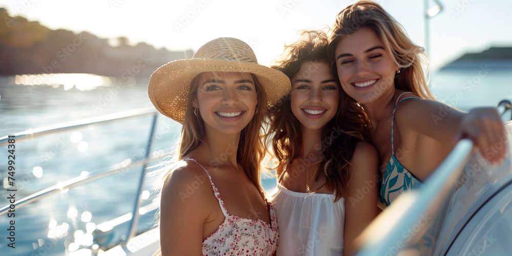 Friends group enjoying a cruise vacation on sunny day. Friends group enjoying a cruise vacation on sunny day.