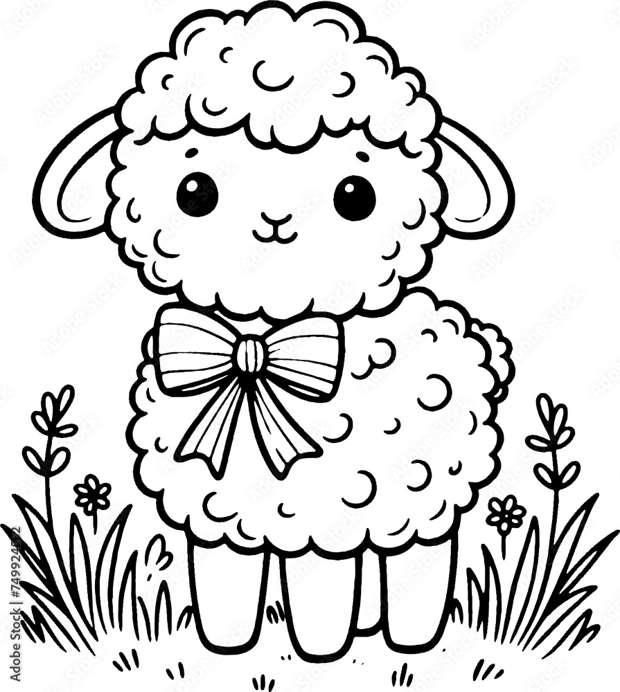 Fototapeta premium Mouton de pâques à colorier, dessin idéal pour livre coloriage enfant pendant les vacances. Dessin au trait. 