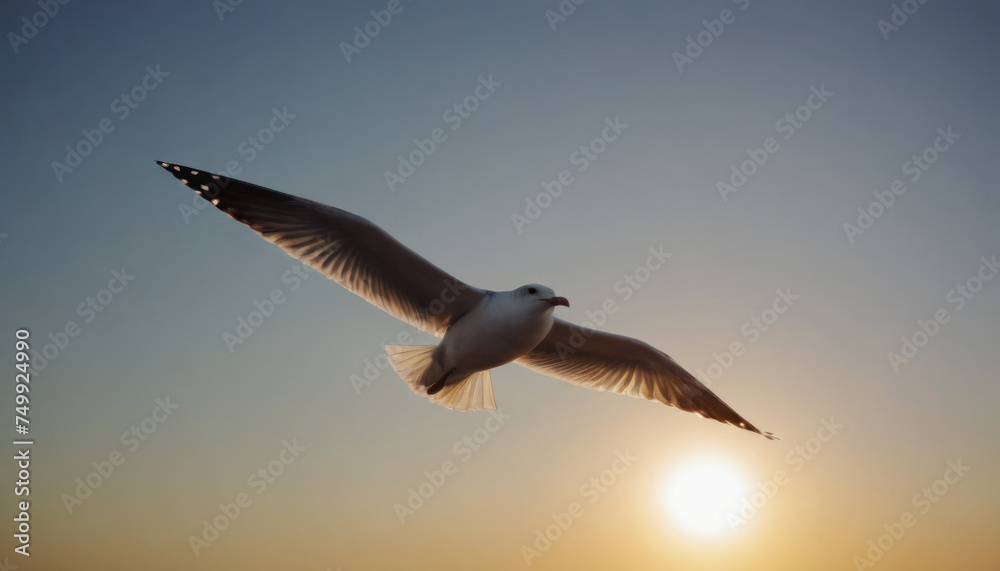 Fototapeta premium Flying seagull at sunset. Close up photo.