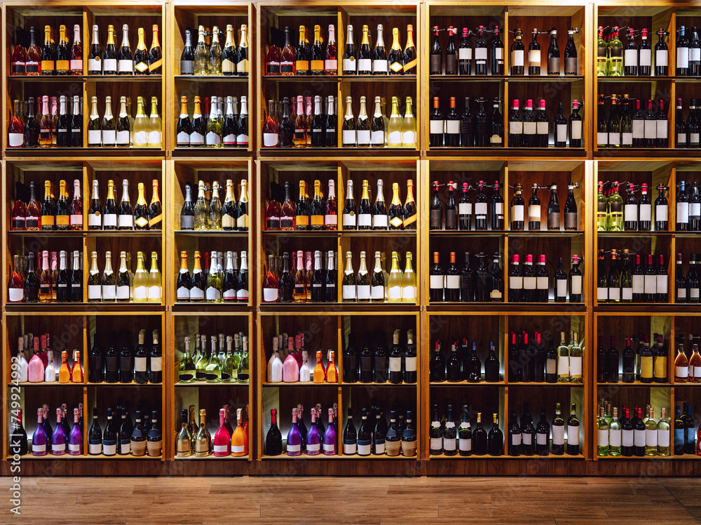 Front view of shelves with big selection of wine. Wine and champagne bottles on shelves.