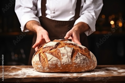 Experienced baker holding dark warm bread bakery fresh homemade wheat cake professional man kitchen work rustic business cafe coffee shop store owner tasty baked goods flour grain secret ingredient