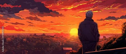 An elderly artist outdoors captures the vibrant hues of a sunset on canvas a passerby pausing to admire the work in progress anime 