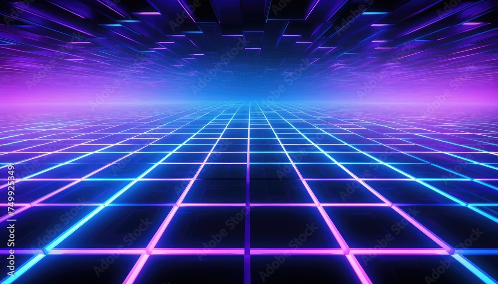 Cyan blue and purple grids neon glow light lines design on perspective floor Cyan blue and purple grids neon glow light lines design on perspective floor