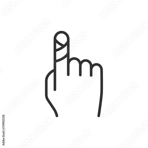 Bandaged finger, linear icon. Wound and treatment. Band-aid, bandage, dressing. Line with editable stroke