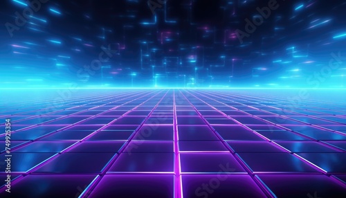 Cyan blue and purple grids neon glow light lines design on perspective floor