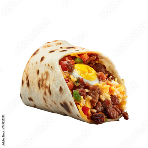 A chorizo and egg breakfast burrito isolated on transparent background, png