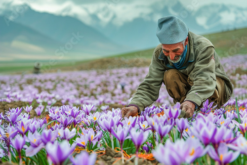 A farmer harvesting saffron flowers in a picturesque field. photo