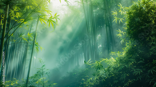 Ethereal mist weaving through a tranquil green bamboo forest, ai generated
