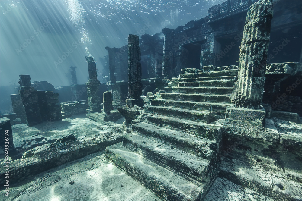 Underwater city ruins discovered in a deep-sea dive. - obrazy, fototapety, plakaty 