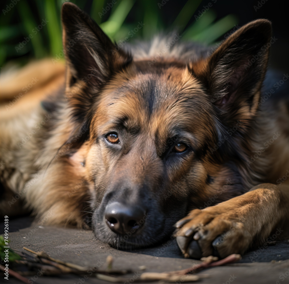 A dog lying down, soft-focus portrait.