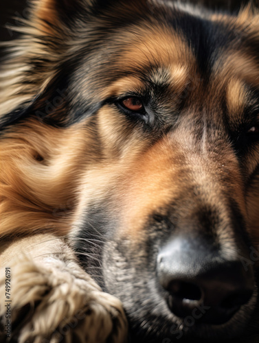 A dog lying down, soft-focus portrait.