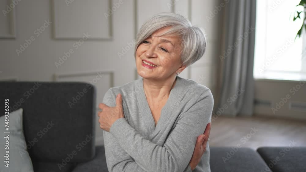 Portrait of confident stylish european middle aged senior woman. Older mature 60s lady smiling at home. Happy attractive senior female looking camera close up face headshot portrait. Happy people Portrait of confident stylish european middle aged senior woman. Older mature 60s lady smiling at home. Happy attractive senior female looking camera close up face headshot portrait. Happy people
