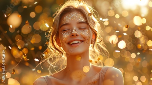 Attractive young girl wearing fashionable clothes Radiating happiness with her sparkling laughter. As she frolics amidst gold confetti at a lively party against a glittering gold background.
