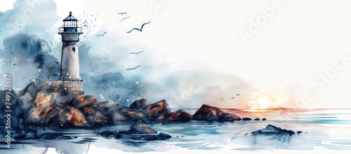 Hand drawn illustration seascape with rocks and lighthouse watercolor style. Generated AI image photo