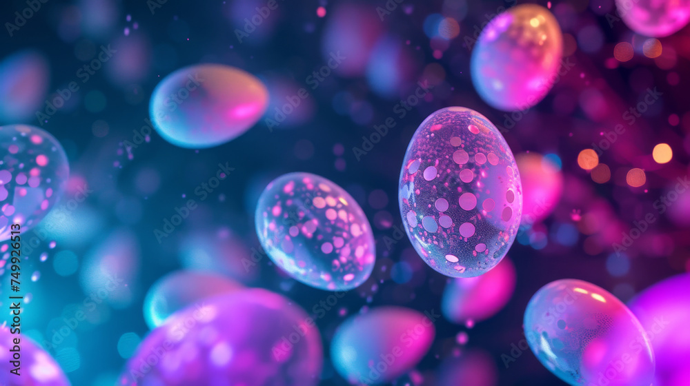 Hand-painted Easter eggs on a shimmering, in ultraviolet light background, symbolizing festive celebration. Easter Holiday background