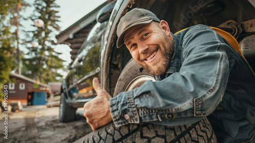 Smiling mechanic showing thumb up after changing tires