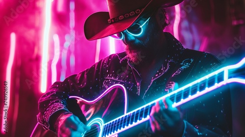 Country singers blending twangs with Neonpunk visuals cowboy hats and guitars adorned with neon a fusion of old and new photo