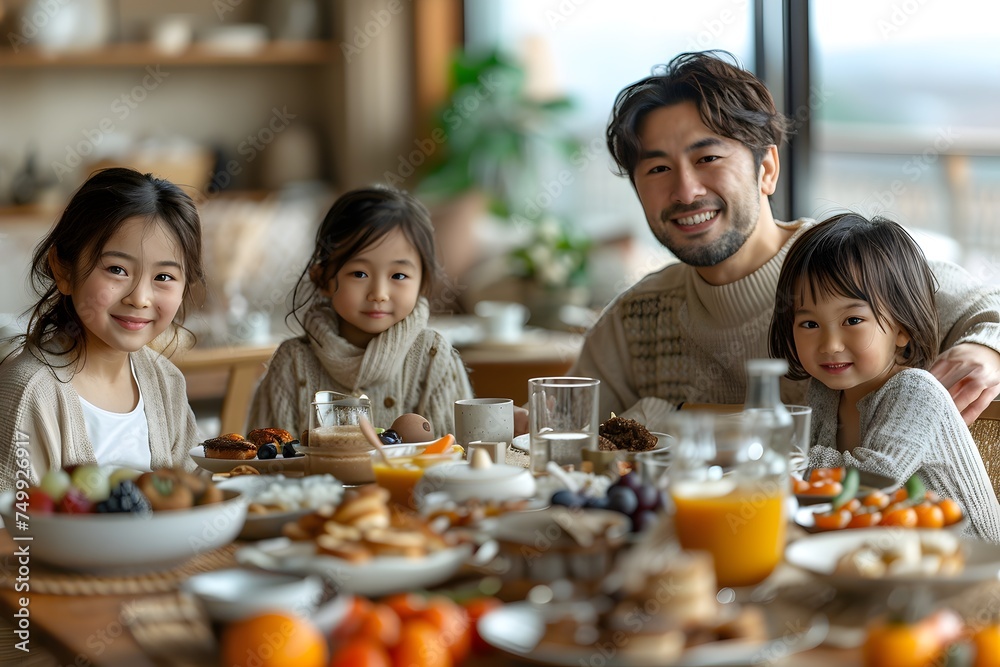 Japanese family having a healthy breakfast in a luxurious oriental house