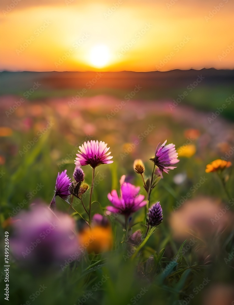Beautiful wildflowers spring colors. Nature backdrop. Beautiful Meadow with wild flowers over sunset sky. Beauty nature field background with sun flare. Easter nature backdrop. Generative AI