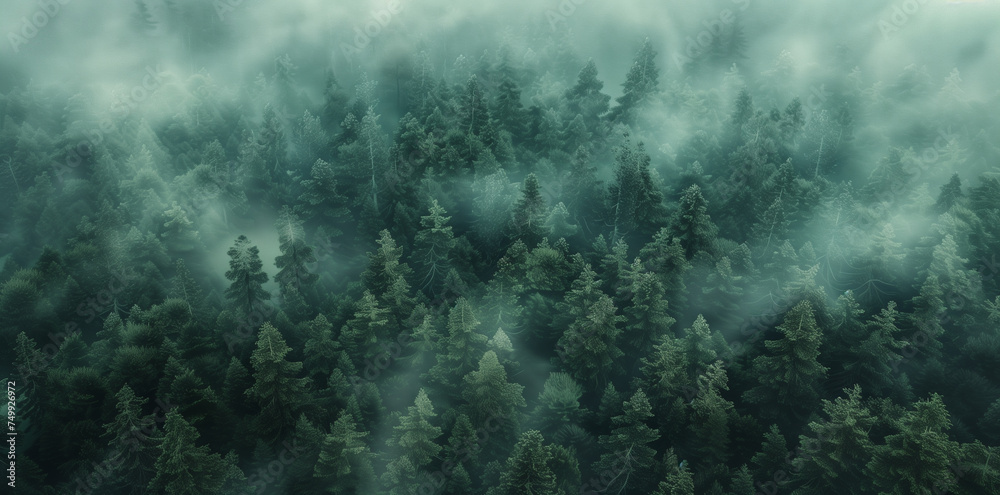 The misty landscape of a dense forest enveloped in fog The misty landscape of a dense forest enveloped in fog