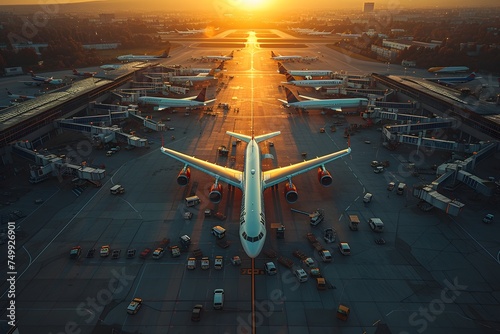 Commercial aircraft parked on an airport runway at sunset