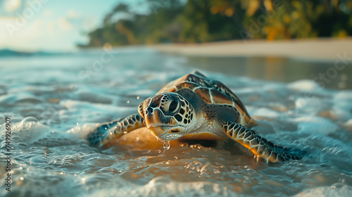 Young sea turtle crawling towards the ocean at sunrise. 