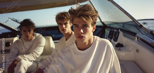 Male models dressed in white sweatshirts, with an attitude, in a luxury private yacht. © An