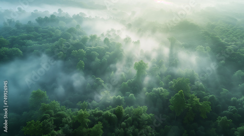 The misty landscape of a dense forest enveloped in fog © An