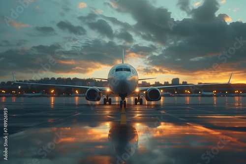 Commercial aircraft parked on an airport runway at sunset photo