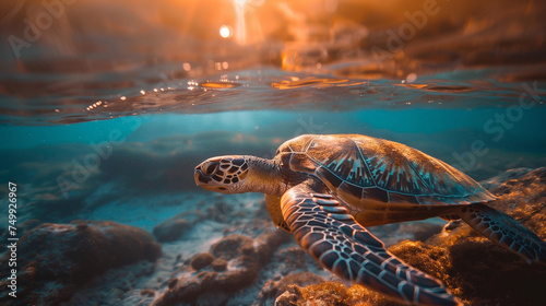 Sea turtle swimming near the surface of clear ocean waters.