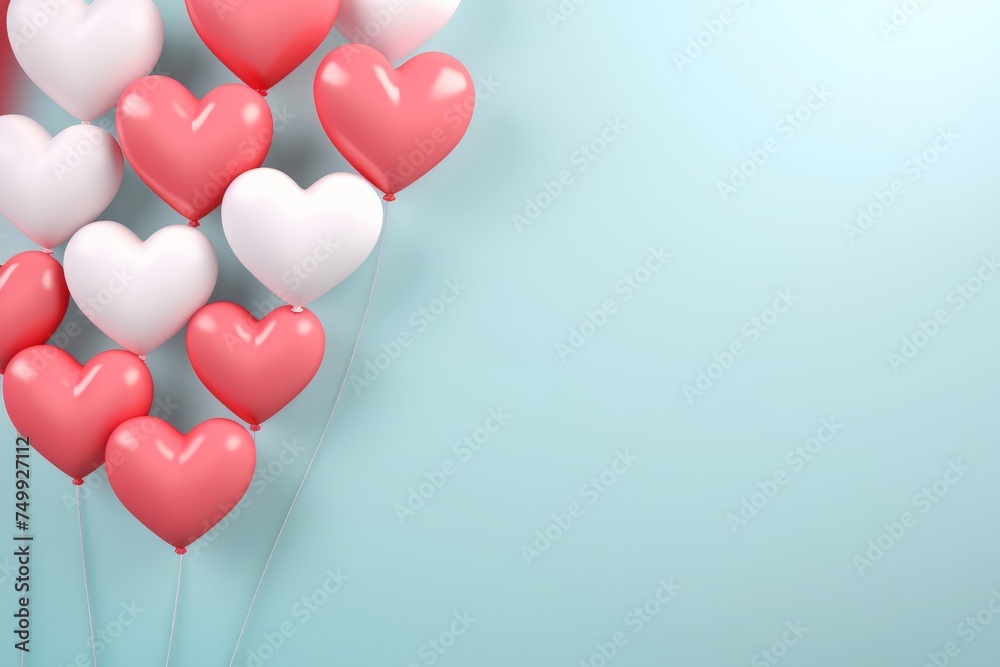 Pink and white helium balloons in the shape of hearts on a blue background. Concept for dating, Valentine's day, anniversary, wedding, birthday, mother's day