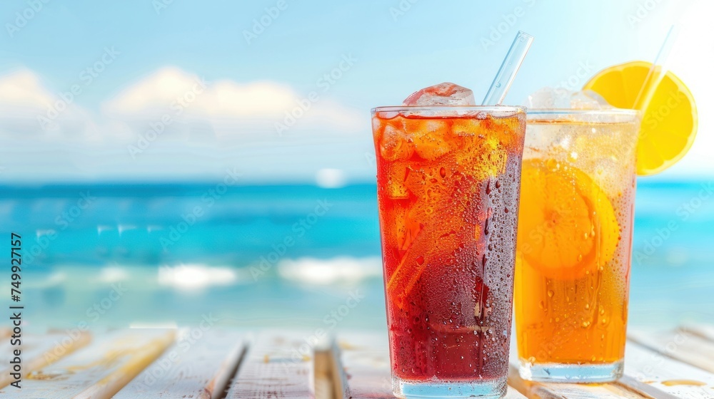 creative photo for stock photo. summer soft drinks in the heat with space for text banner on sea sky background creative photo for stock photo. summer soft drinks in the heat with space for text banner on sea sky background
