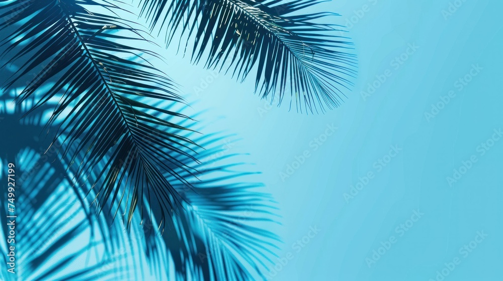 Summer concept. Palm tree shadow on a blue background. --ar 16:9 Job ID: 4170c8c3-afae-46a2-90cc-a54df573c45f Summer concept. Palm tree shadow on a blue background. --ar 16:9 Job ID: 4170c8c3-afae-46a2-90cc-a54df573c45f