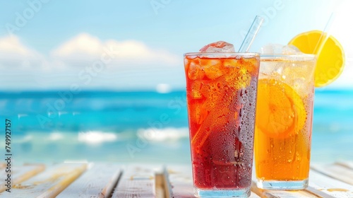 creative photo for stock photo. summer soft drinks in the heat with space for text banner on sea sky background 