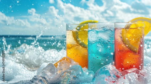 creative photo for stock photo. summer soft drinks in the heat with space for text banner on sea sky background