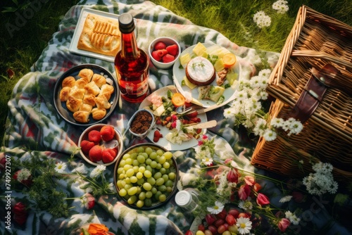 Basket with delicious food on a tablecloth in a park on green grass on a sunny day, top view. Concept of date, outdoor recreation