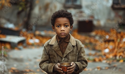 An African-American child holds a metal mug of water. The concept of water scarcity generated AI