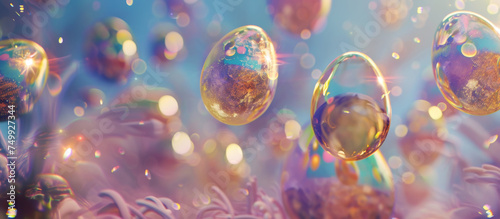 A collection of shiny, iridescent Easter eggs with holographic design scattered on a pink surface, reflecting the joyful spirit of the spring holiday.