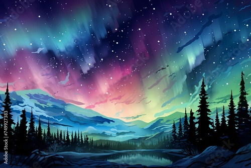 Aurora Night sky with northern lights over winter mountains. 