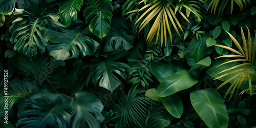 Dark green foliage nature background with tropical leaves.