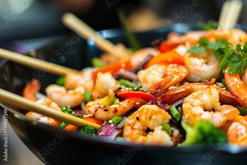 Asian cuisine with shrimps on a dark background in a restaurant
