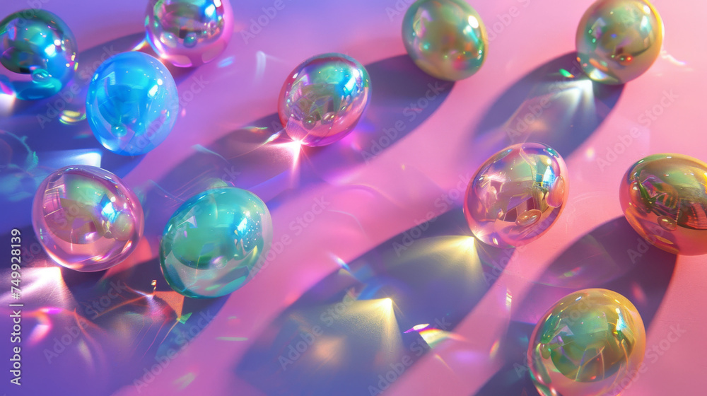 A collection of shiny, iridescent Easter eggs with holographic design scattered on a pink surface, reflecting the joyful spirit of the spring holiday. A collection of shiny, iridescent Easter eggs with holographic design scattered on a pink surface, reflecting the joyful spirit of the spring holiday.