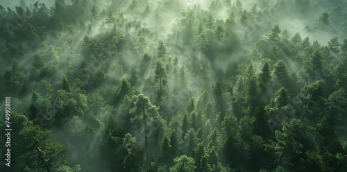 Misty landscape of a dense forest enveloped in fog